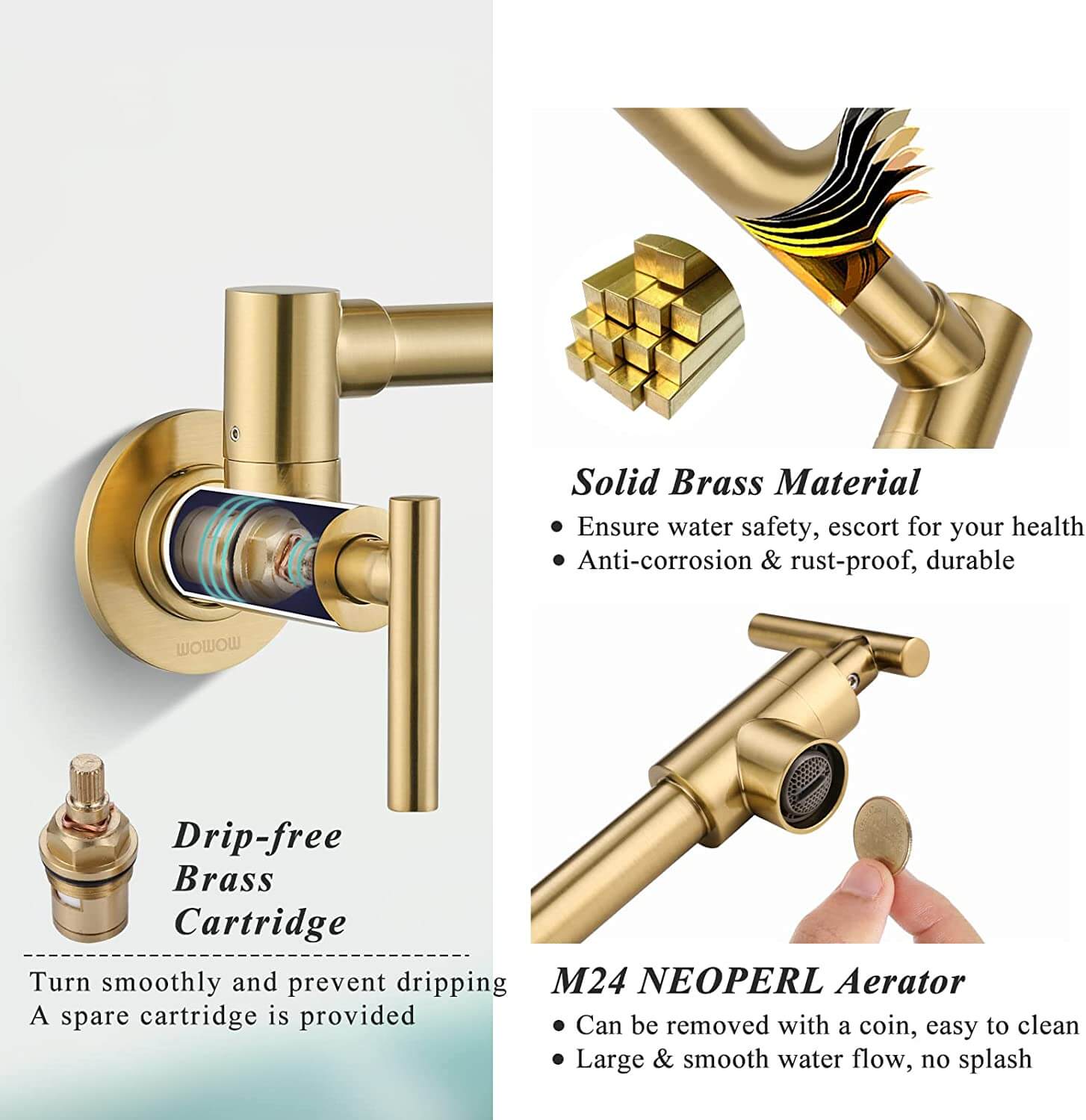 Iviga Brushed Gold Commercial Wall Mount Pot Filler Faucet Stretchable Double Joint Swing Arm 9022