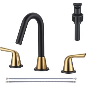 iVIGA Black & Gold 2 Handle Widespread Bathroom Sink Faucet with Drain and Water Supply Line
