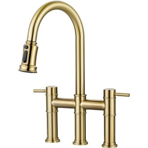 iVIGA Brushed Gold Deck Mount Vintage Bridge Kitchen Faucet with Pull Down Sprayer