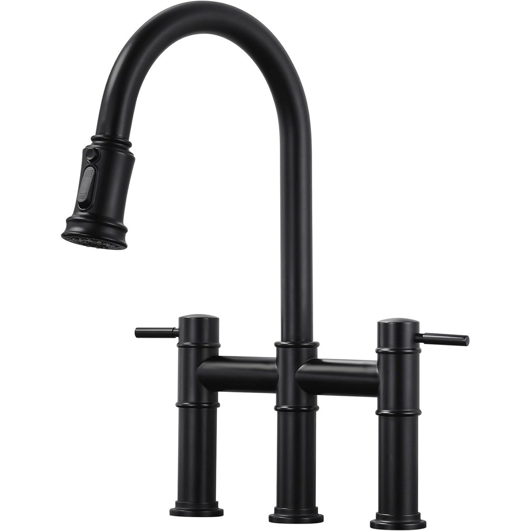 iVIGA Matte Black Vintage Bridge Kitchen Faucet with Pull Down Sprayer