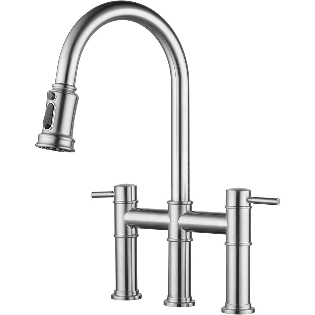 iVIGA Brushed Nickel Deck Mount Vintage Bridge Kitchen Faucet with Pull Down Sprayer