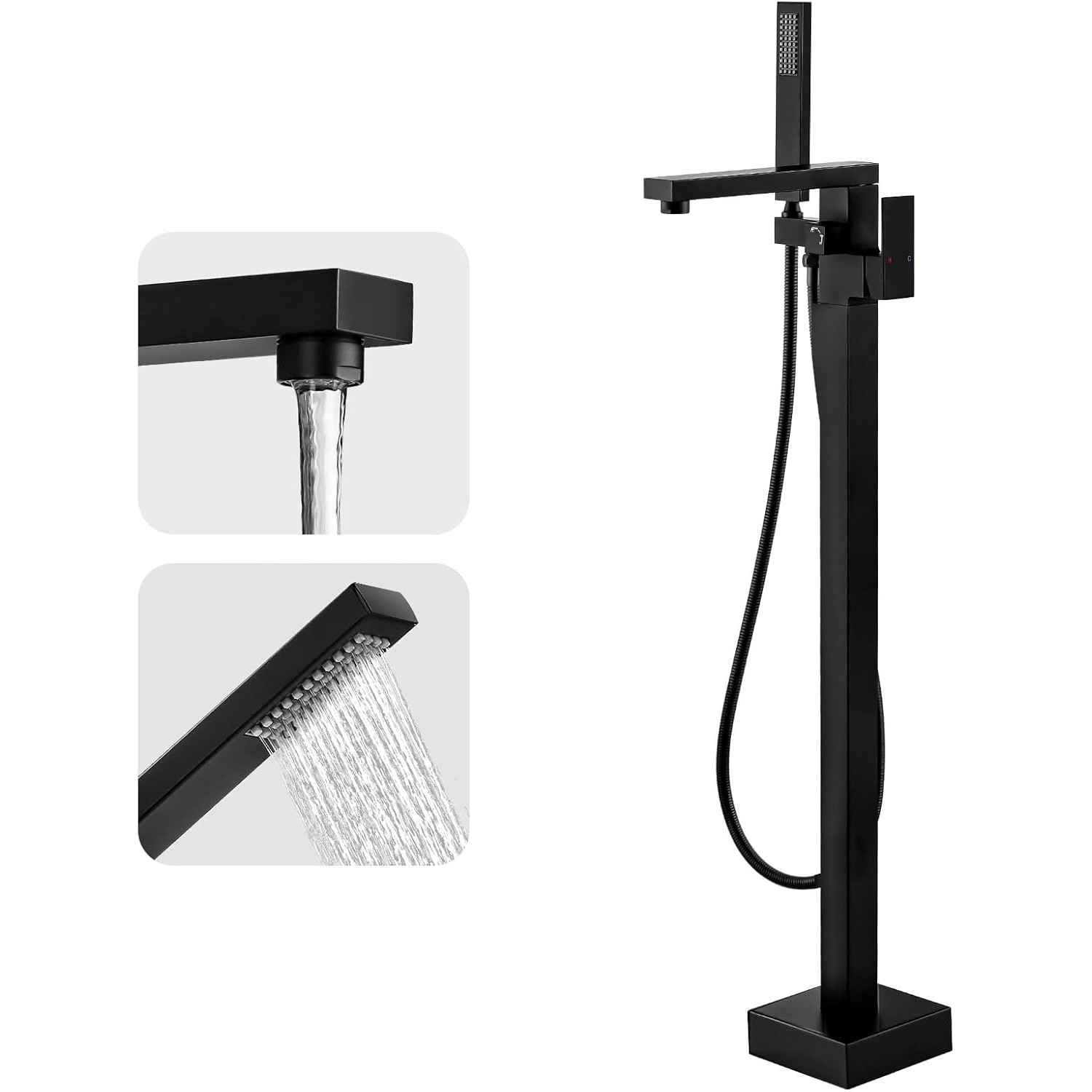 iVIGA Matte Black High Flow Freestanding Floor Mount Bathtub Faucet with Hand Shower